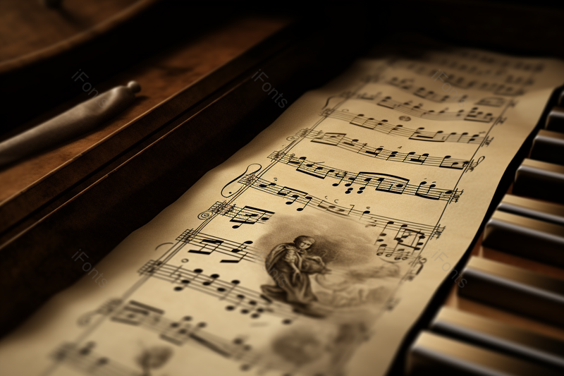 纸张上的音符放在木质的钢琴上,高清,摄影图,摄影图片,图片大全,摄影图免费下载